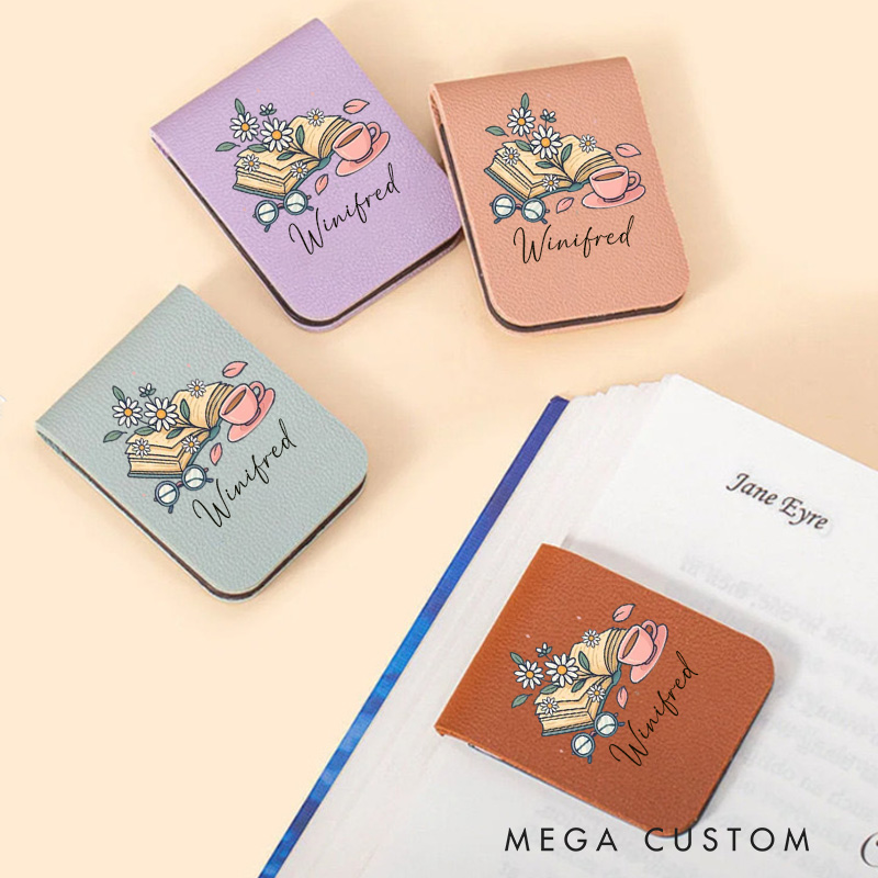 Personalized Book Flower and Coffee Magnetic Bookmark Engraved Leather Name Bookmark Clip Women Bookmark Book Lover Gift for Reading Gift