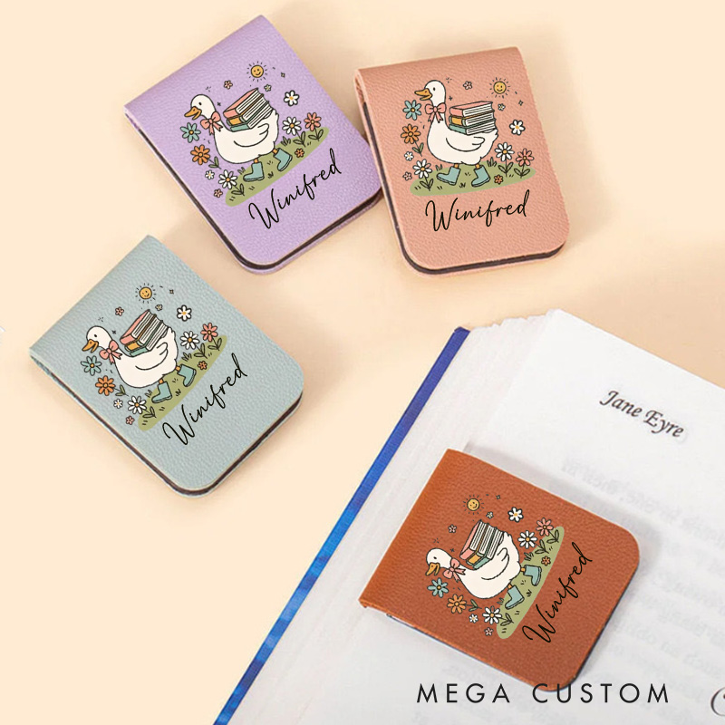 Personalized Duck Book and Flower Magnetic Bookmark Engraved Leather Bookmark Clip with Name Women Bookmark Book Lover Gift for Reading Gift