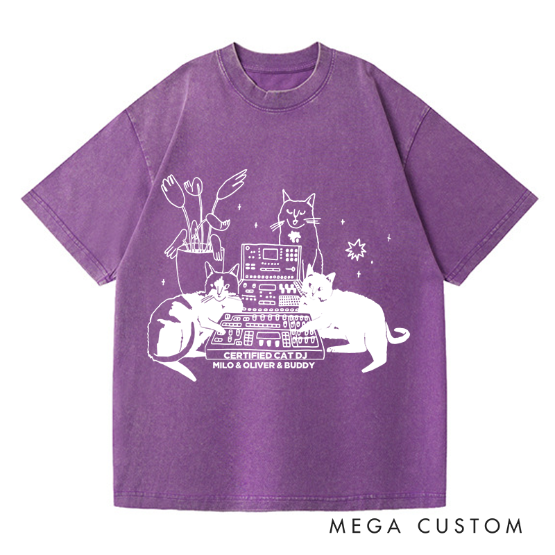 Personalized  Washed T-Shirts with Cat Sitting on Synthesizer and DJ Cat Illustration and Available in Multiple Colors
