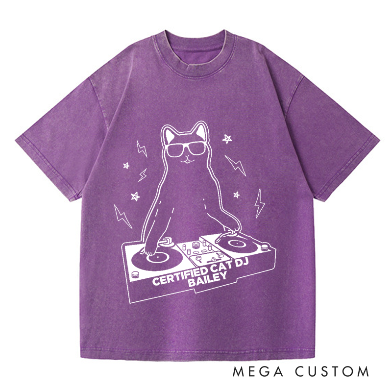 Personalized  Washed T-Shirts Funny Cat DJ Turntable T-Shirt