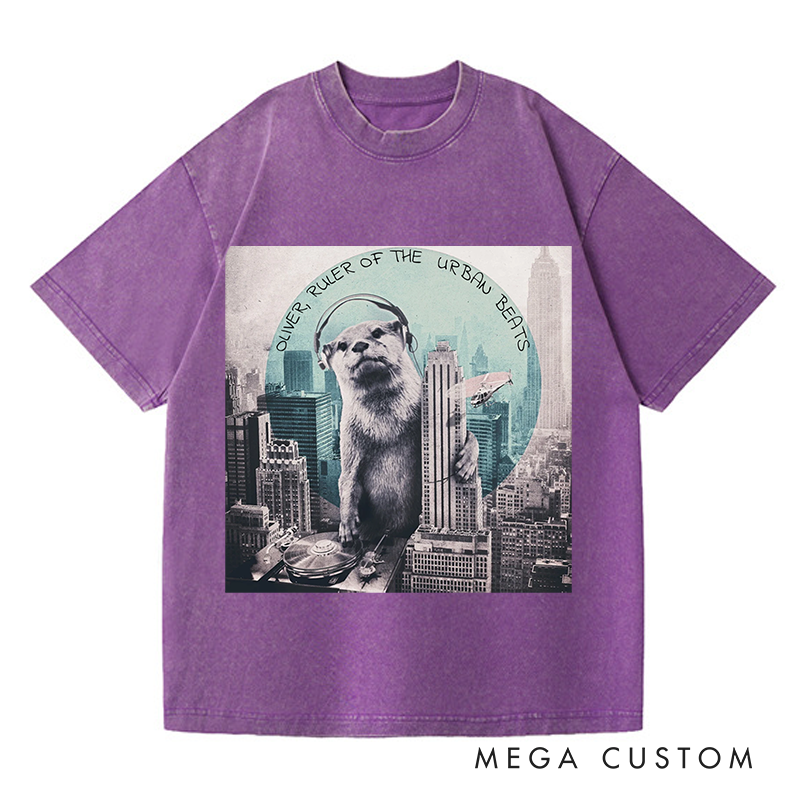 Personalized  Washed T-Shirts Funny Otter DJ Skyline Design and Unique Otter DJ Music Lover T-Shirt