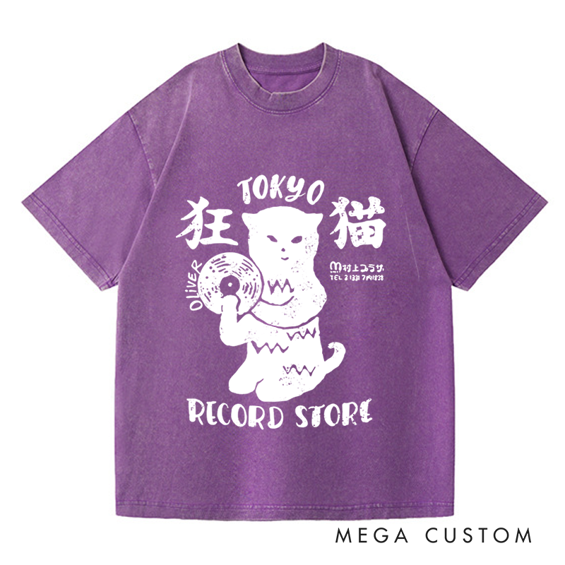 Personalized Washed T-Shirts Tokyo Record Store T-Shirt Vinyl Record Player Cool Vintage Rock Tee DJ Graphic Melting Band Music Tee