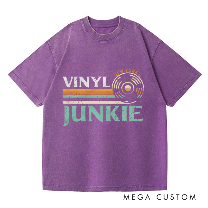 Personalized Washed T-Shirts Vinyl Junkie T-shirt Music Lovers LP Records DJ Turntable Vintage Design Tee Music Collector Gift
