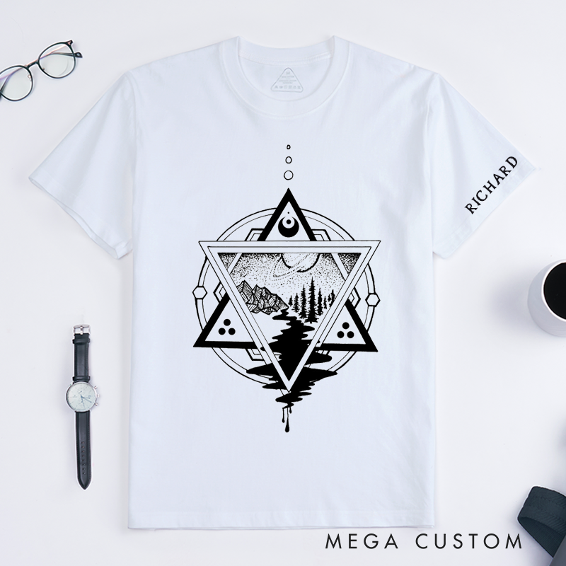 Personalized Geometric Mountain River Nature Scene Classic T-Shirts Custom Name Gift for Men and Women Unique Landscape Outdoorsy Tee