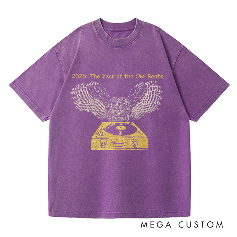 Personalized Washed T-Shirts DJ Owl Record Bird Feathers Retro Spinning Chartreuse Turntable Awesome Music T-Shirt