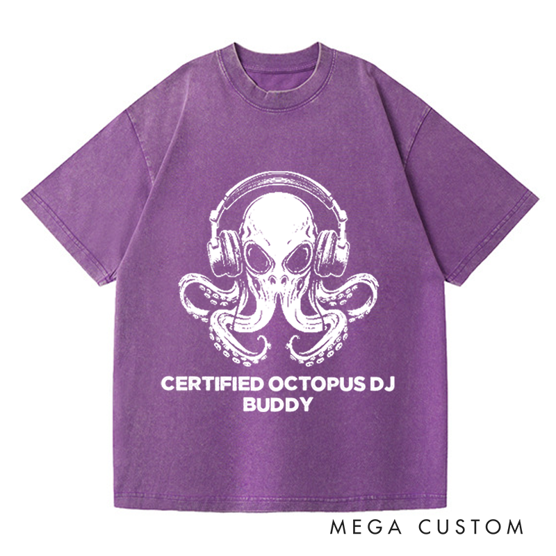 Personalized Washed T-Shirts Unique Octopus DJ Music Lover and Cool Octopus DJ Headphones Art T-Shirt
