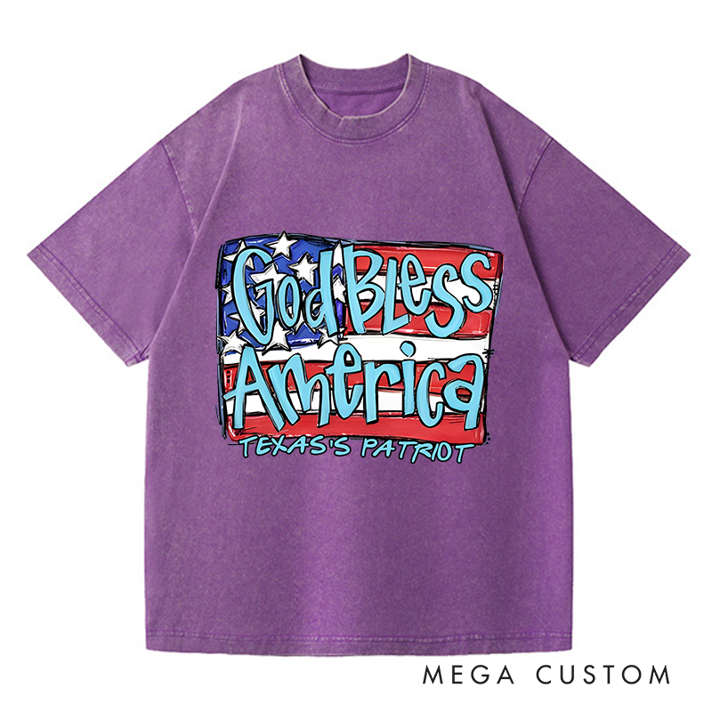 Personalized Washed T-Shirts God Bless America Patriotic and Red White and Blue American Flag T-Shirt