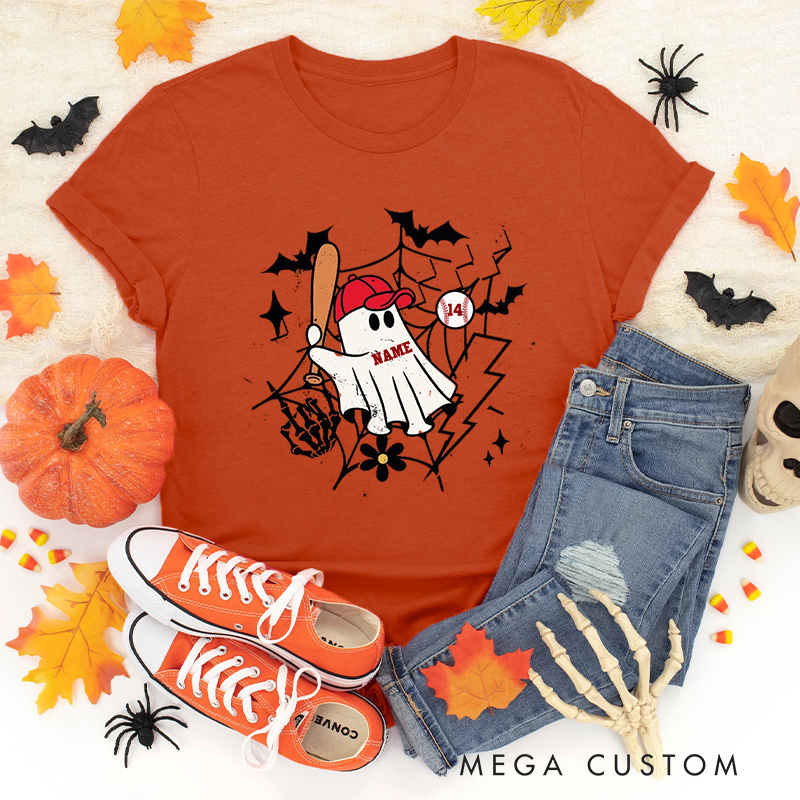 Personalized Halloween Ghost Baseball T-Shirt with Custom Name and Number 