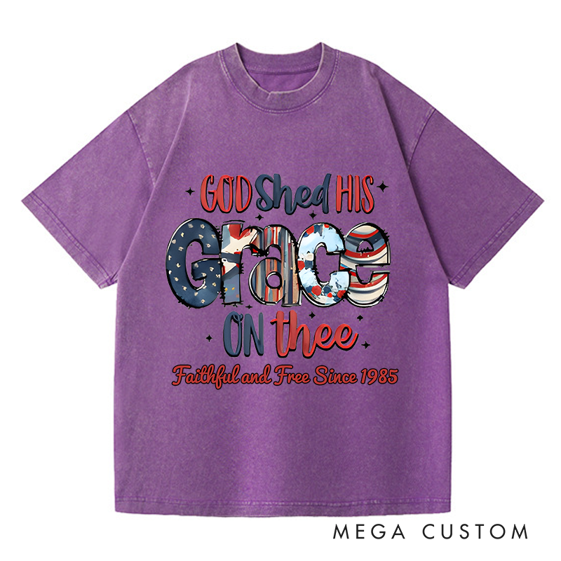 Personalized Washed T-Shirts God Shed His Grace on Thee and Red White and Blue American Flag T-Shirt