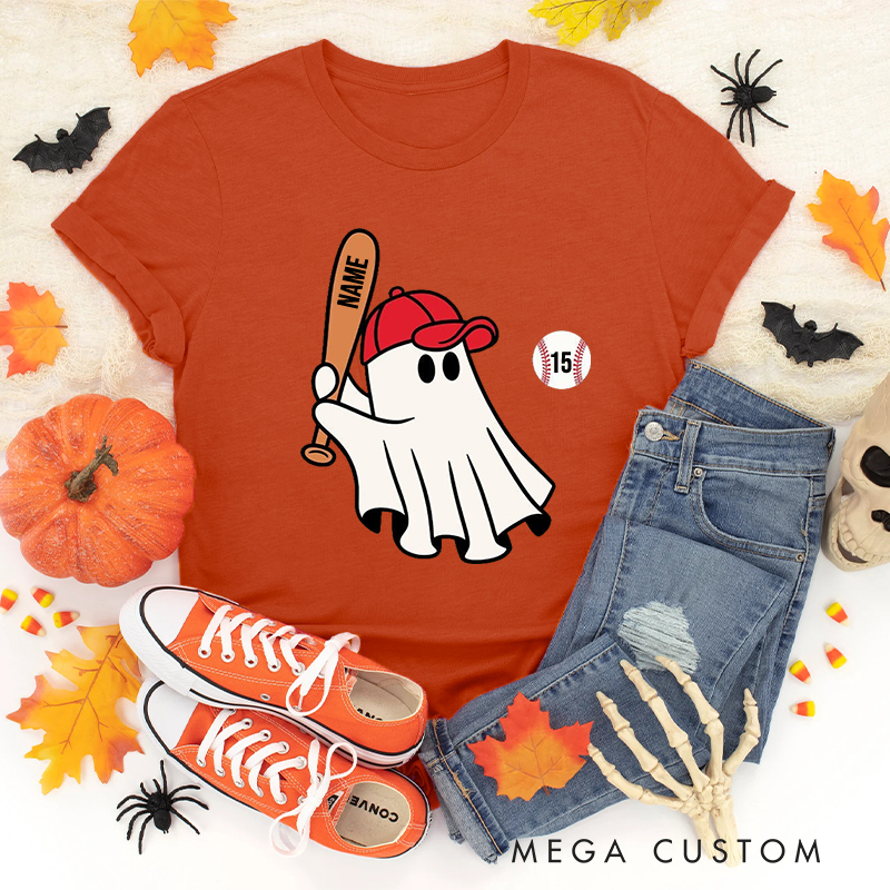 Personalized Halloween T-Shirt with Ghost Holding Bat Custom Text 