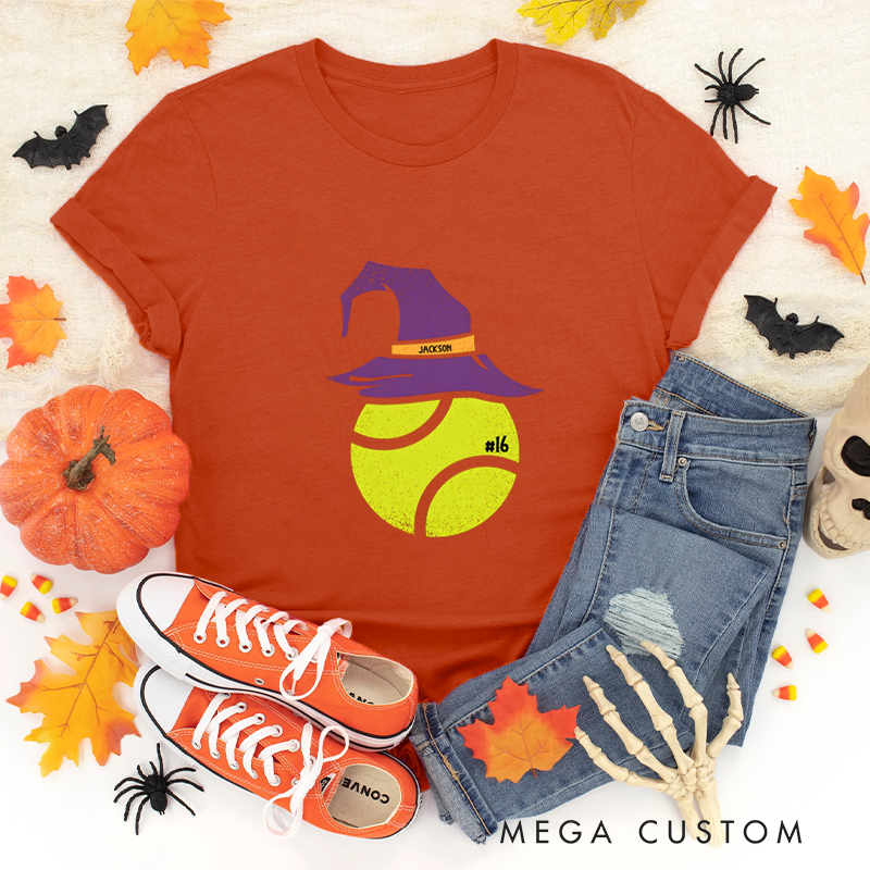Personalized Halloween Tennis T-Shirt with Witch Hat, Custom Name, and Number