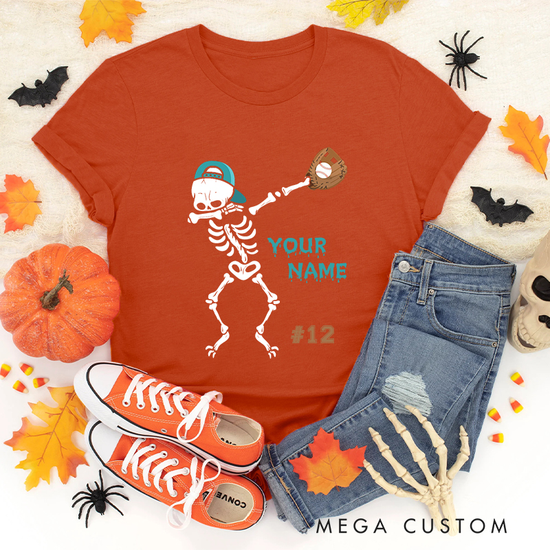 Personalized Skeleton Baseball T-Shirt with Custom Team Name and Number