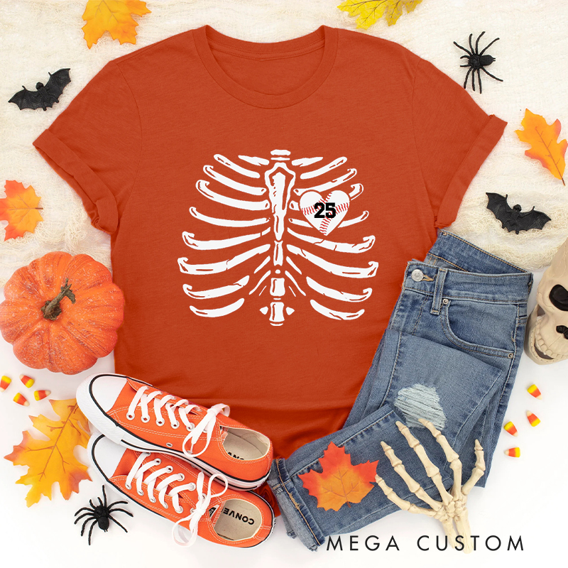 Personalized Custom Skeleton Ribcage T-Shirt with Custom Number and Heart Design  