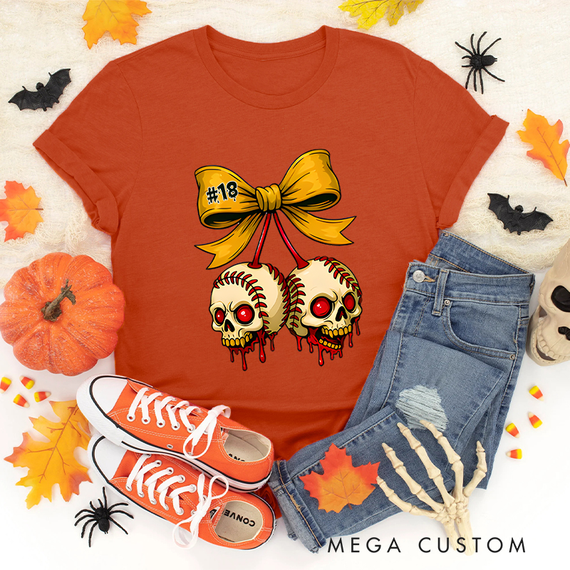 Personalized Halloween Themed Shirt with Skull Baseballs and Custom Number