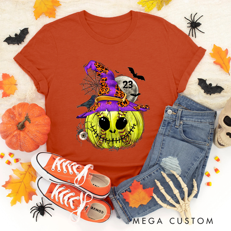 Personalized Enchanted Softball Pumpkin Witch T-Shirt with Custom Number