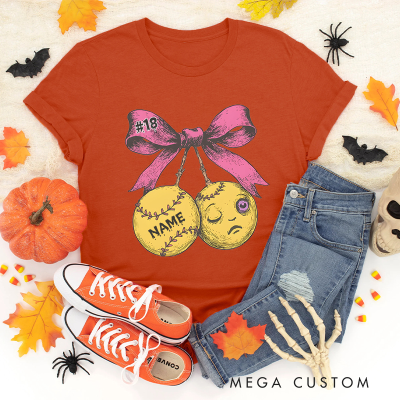 Personalized Halloween Baseball T-Shirt with Custom Name and Pink Bow Design  