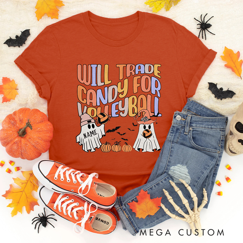  Personalized "Will Trade Candy for Volleyball" Shirt with Customizable Details 