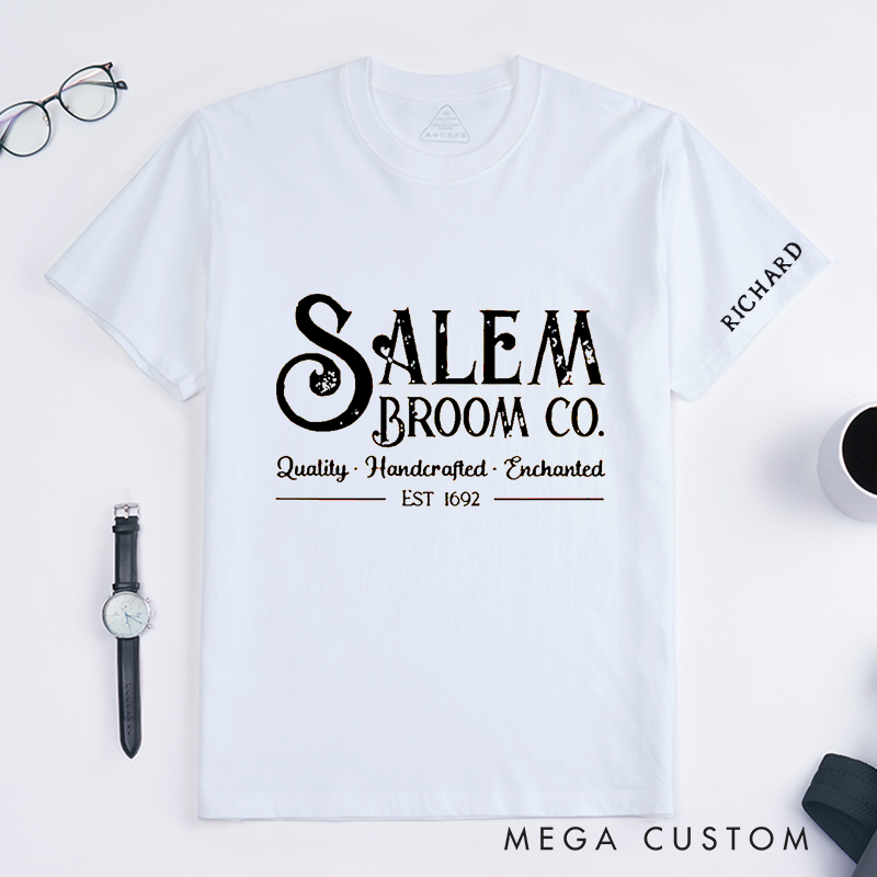 Personalized Salem Broom Co Classic T-Shirts Handcrafted Enchanted Witch Decor Quality Gift for Men and Women Custom Name Halloween Apparel