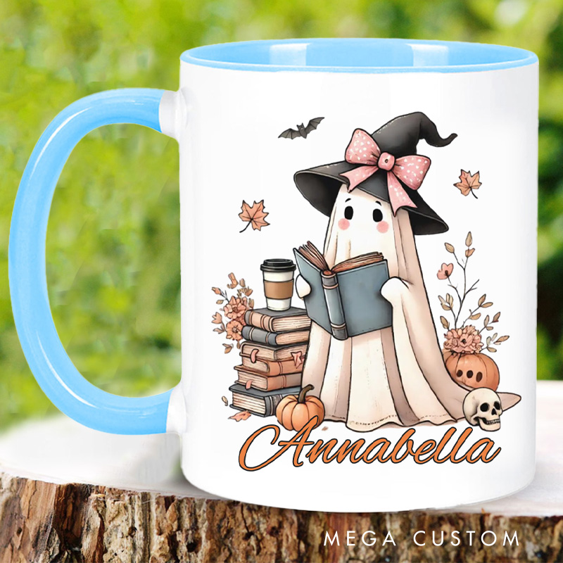 Personalized Ghost with Book Mugs For Halloween Lover Custom Reading Ghost with Name Book Lover Gift Reading Lover Gift Halloween Gift