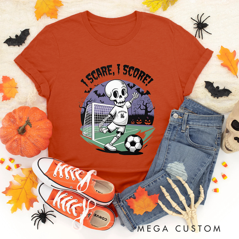 Personalized Halloween Soccer T-Shirt with Skeleton Design, Custom Name, and Number