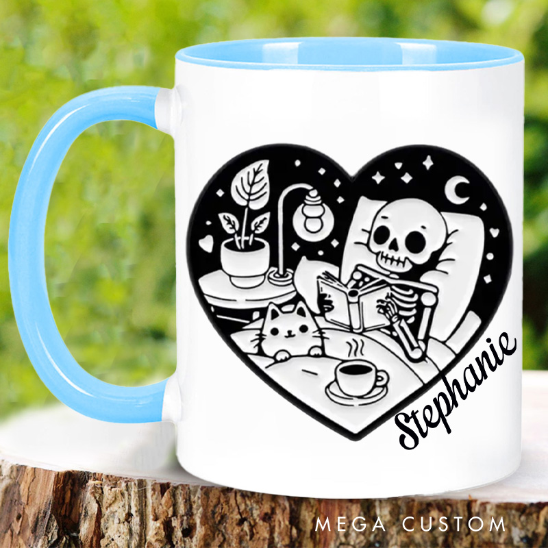 Personalized Skeleton Reading Book Mugs Custom Heart Shape Around Skeleton and Cat with Name Book Lover Gift Librarian Gift Halloween Gift