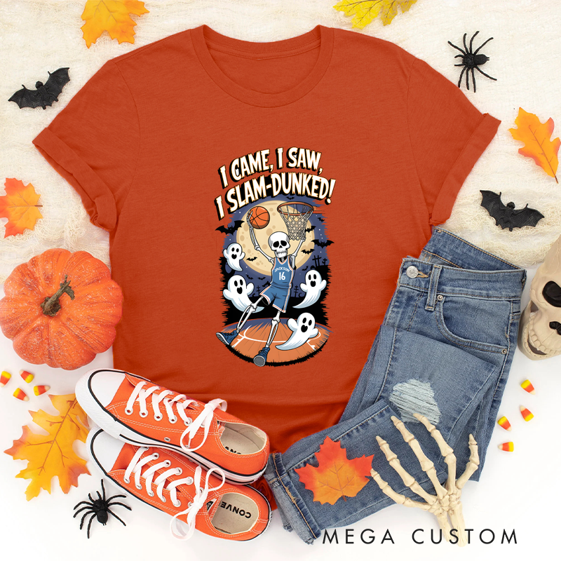 Personalized Halloween Basketball T-Shirt with Skeleton Design, Custom Name, and Number