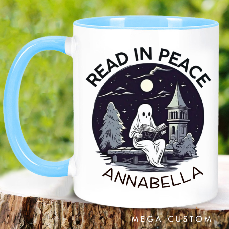 Personalized Read in Peace Mugs Custom Reading Ghost Halloween Coffee Mug with Name Librarian Mug Book Lover Gift Bookish Gift Halloween Gift