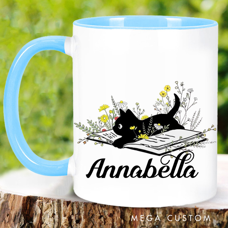 Personalized Black Cat and Book Mugs Custom Flower Book Coffee Mug with Name Librarian Mug Book Lover Gift Bookish Gift Librarian Gift