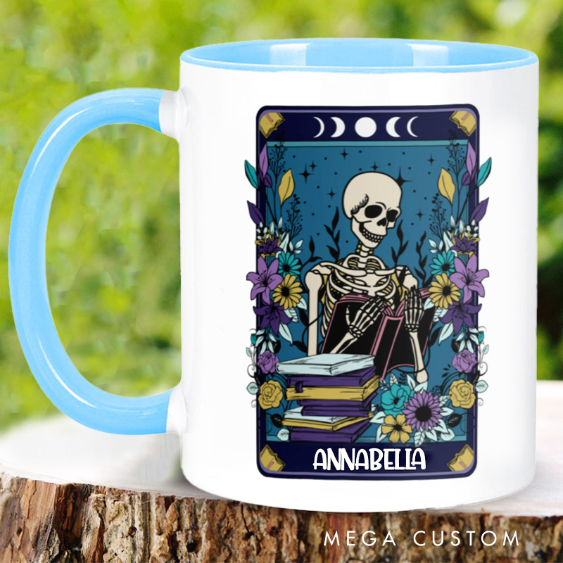 Personalized Skeleton Tarot Card Mugs Custom Skeleton Reader Coffee Mug with Name Halloween Librarian Mug Book Lover Gift for Bookish Halloween Gift