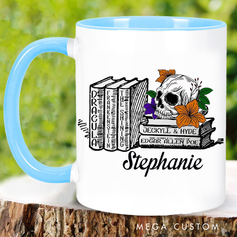 Personalized Spooky Book Mugs Custom Floral Skull Coffee Mug with Name Halloween Librarian Mug Book Lover Gift for Bookish Halloween Gift