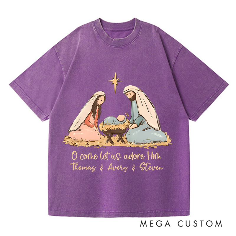 Personalized Washed T-Shirts O Come Let Us Adore Him Nativity Scene Inspirational T-Shirt