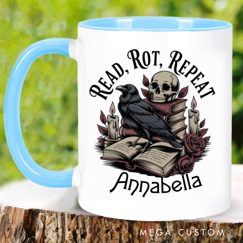 Personalized Read Rot Repeat Mugs Gothic Raven Skull Coffee Mug with Name Halloween Coffee Cup Book Lover Gift for Bookish Gift