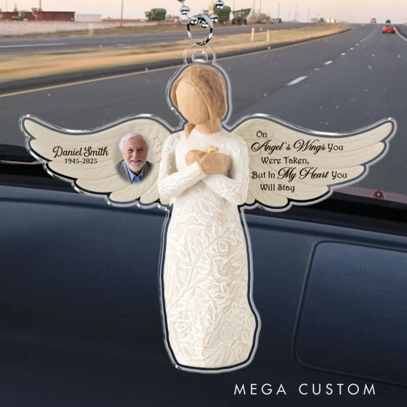 Personalized Photo Rear View Mirror Accessory On Angel's Wings You Were Taken But In My Heart You Will Stay Memorial Ornament Custom Acrylic Ornament 