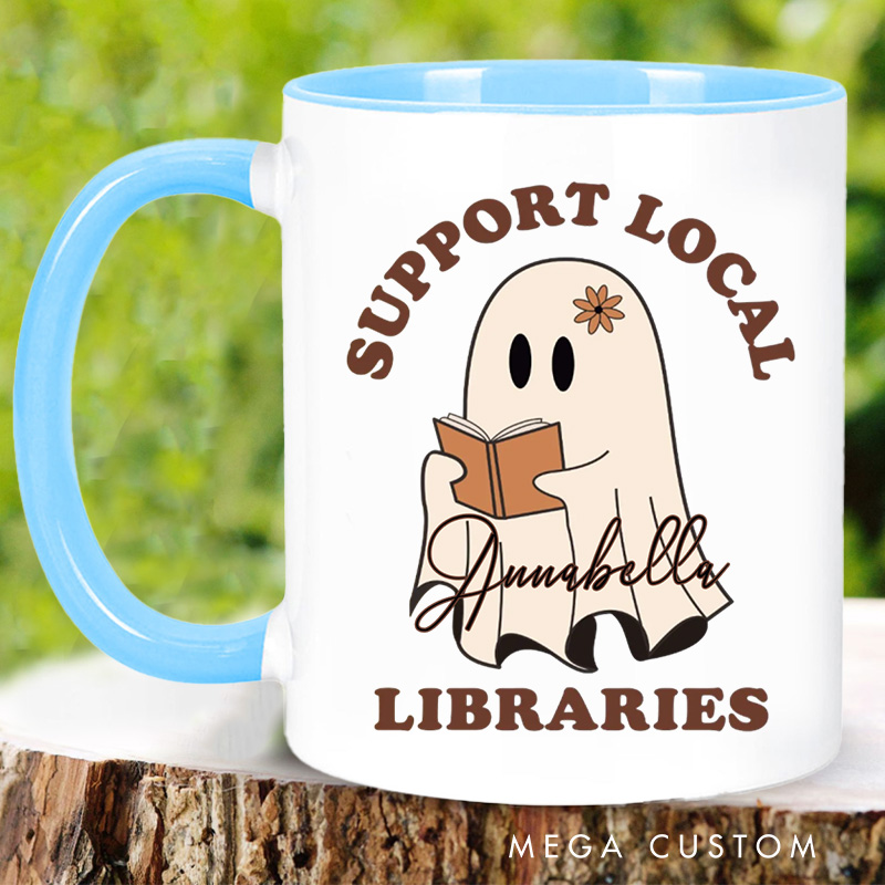 Personalized Support Local Libraries Mugs Custom Ghost Reading Coffee Mug with Name Librarian Mug Book Lover Gift for Bookish Gift