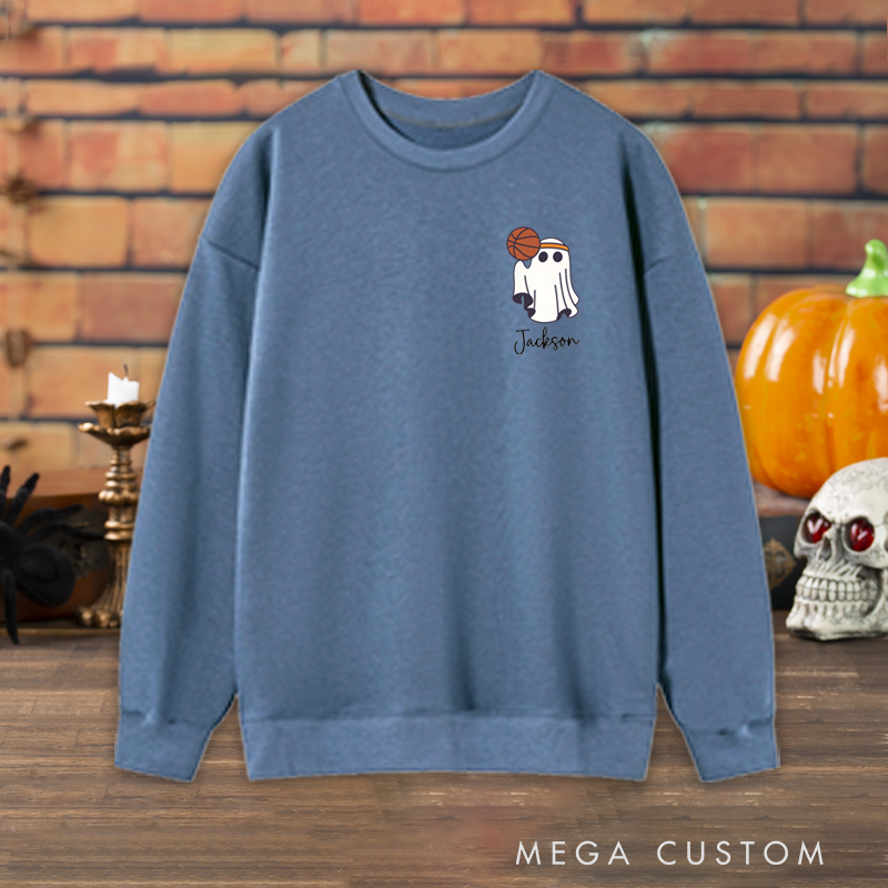 Personalized Halloween Sweatshirt with Ghost Basketball Design and Custom Name