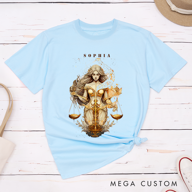 Personalized Libra Zodiac Sign T-Shirt Classic Unisex Design Custom Name Astrology Gift Unique Birthday Present for Men and Women Family and Friends