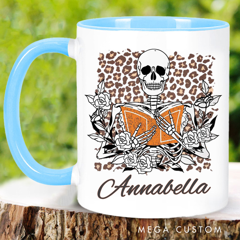 Personalized Skeleton Reading Mugs Custom Flower Skeleton Coffee Mug with Name Leopard Print Mug Book Lover Gift for Bookish Gift