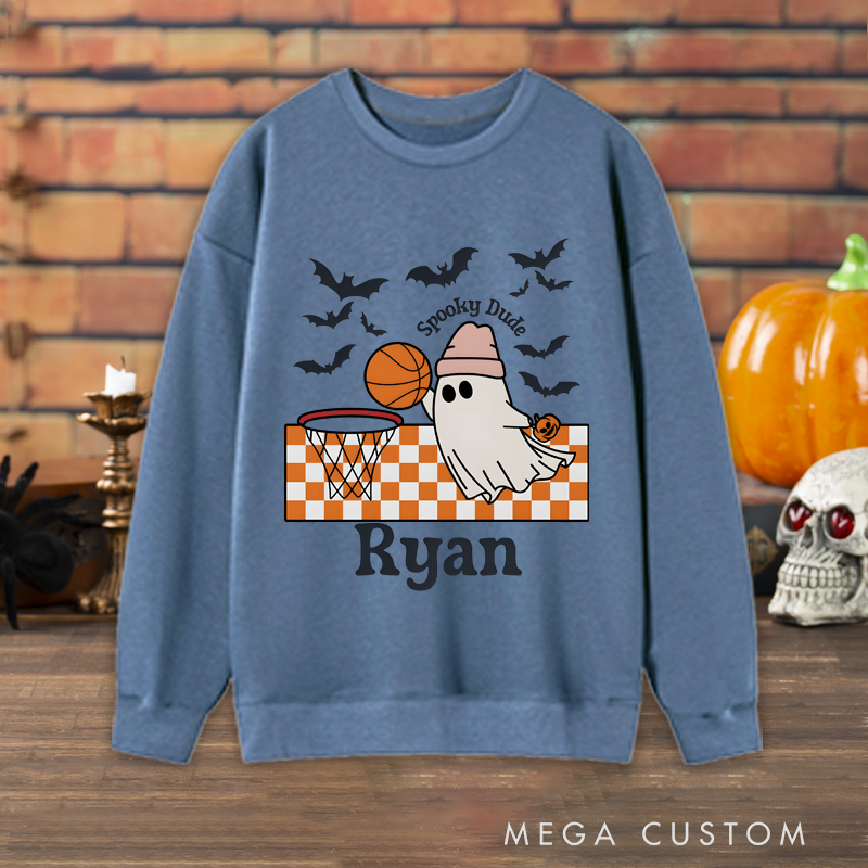 Personalized Halloween Sweatshirt with Ghost Basketball Design, Custom Name, and Spooky Details