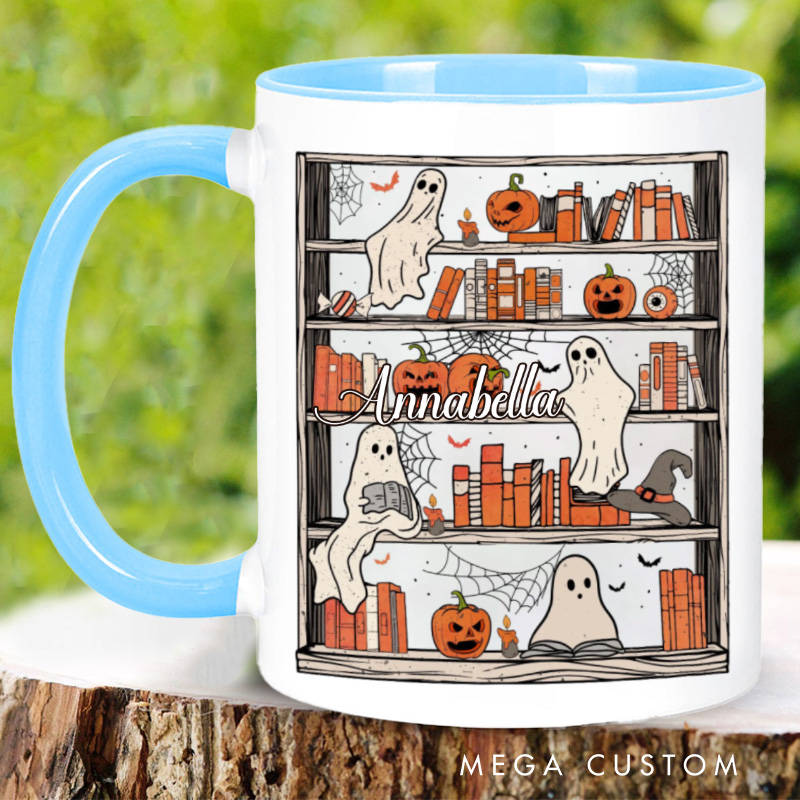 Personalized Reading Ghost Halloween Mugs Custom Bookish Ghost Coffee Mug with Name Librarian Mug Book Lover Gift for Halloween Gift