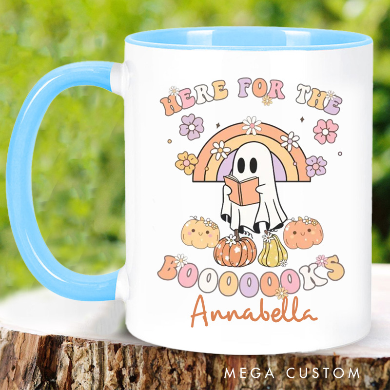 Personalized Here for the Booooooks Mugs Custom Ghost Reading Books Coffee Mug with Name Pumpkin Mug Book Lover Gift for Halloween Gift