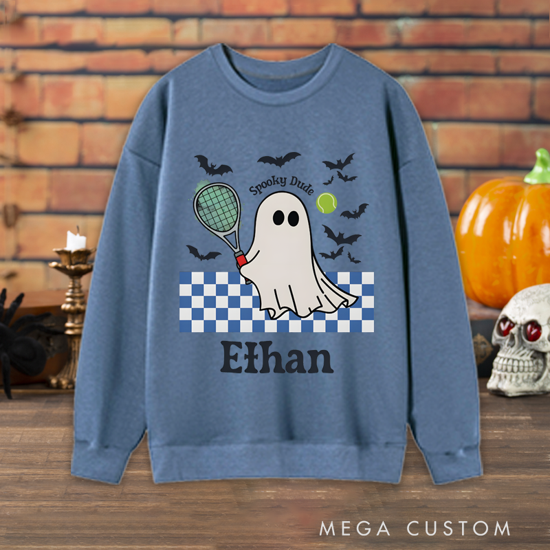 Personalized Halloween Sweatshirt with Ghost Tennis Design and Custom Name