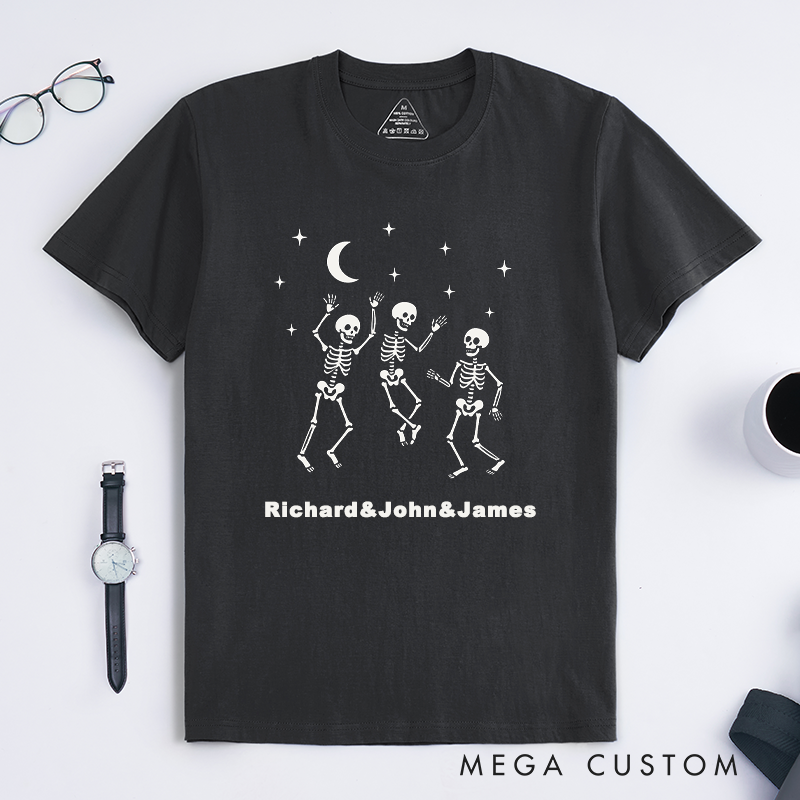 Personalized Dancing Skeletons Halloween T-Shirts Unique Graphic Custom Name Gift for Men Funny Spooky Shirt for Friends and Skeleton Lovers