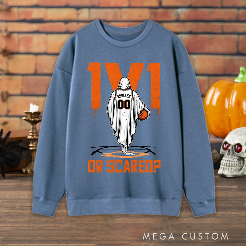 Personalized "1v1 or Scared?" Halloween Basketball Sweatshirt with Custom Name and Number