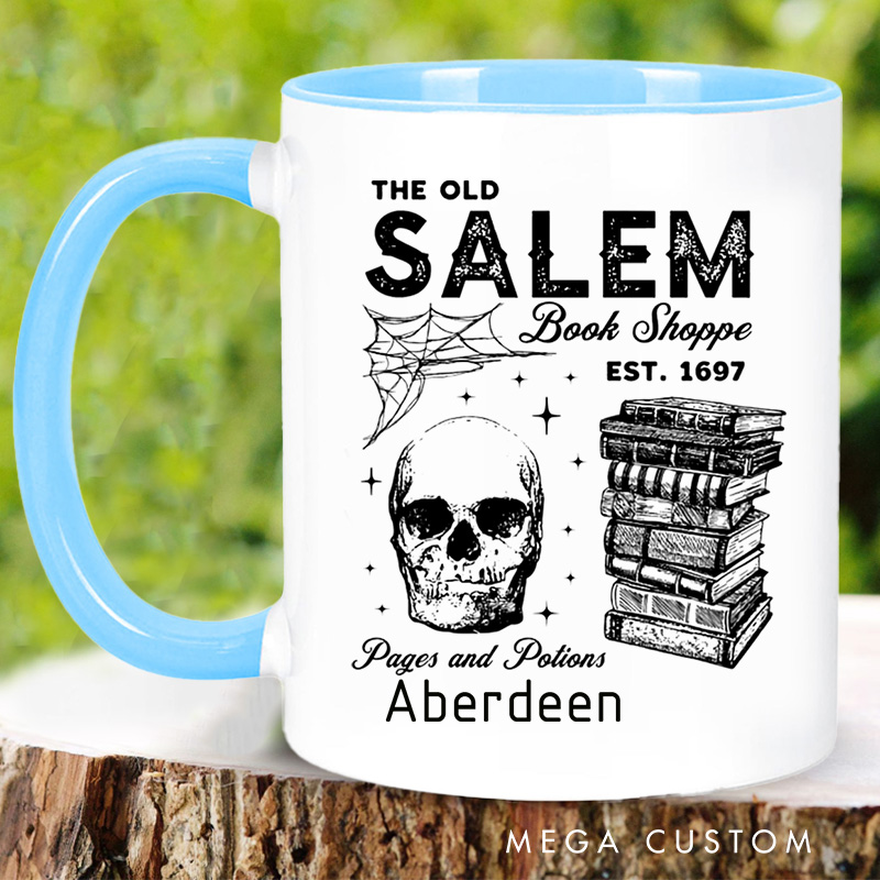 Personalized Salem Book Store Mugs Custom Skeleton and Book Coffee Mug with Name Halloween Spooky Mug Book Lover Gift for Halloween Gift
