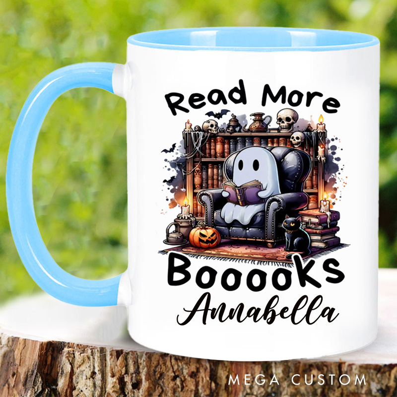 Personalized Read More Booooks Mugs Custom Reading Ghost Coffee Mug with Name Spooky Ghost Mug Book Lover Gift for Halloween Gift