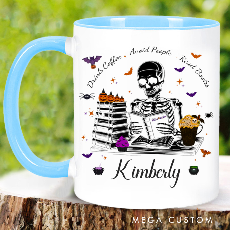 Personalized Drink Coffee Avoid People Read Books Mugs Custom Reading Skeleton Coffee Mug with Name Book Lover Gift for Halloween Gift