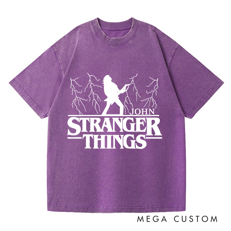 Personalized Washed T-Shirts Bold Guitarist and Lightning Unique and Dynamic T-Shirt