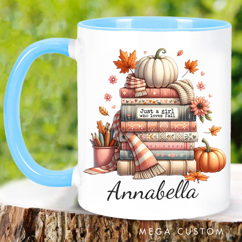 Personalized Just a Girl Who Loves Fall Mugs Custom Autumn Pumpkin Coffee Mug with Name Fall Book Lover Mug Book Lover Gift for Librarian Gift