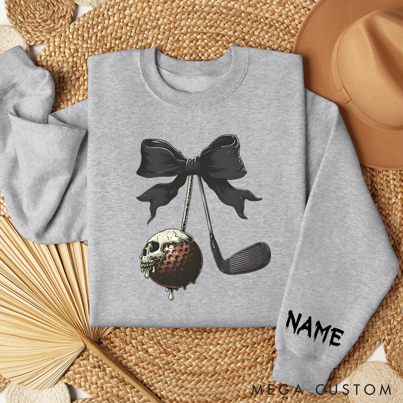 Personalized Halloween Golf Sweatshirt with Skull Ball and Bow Design  