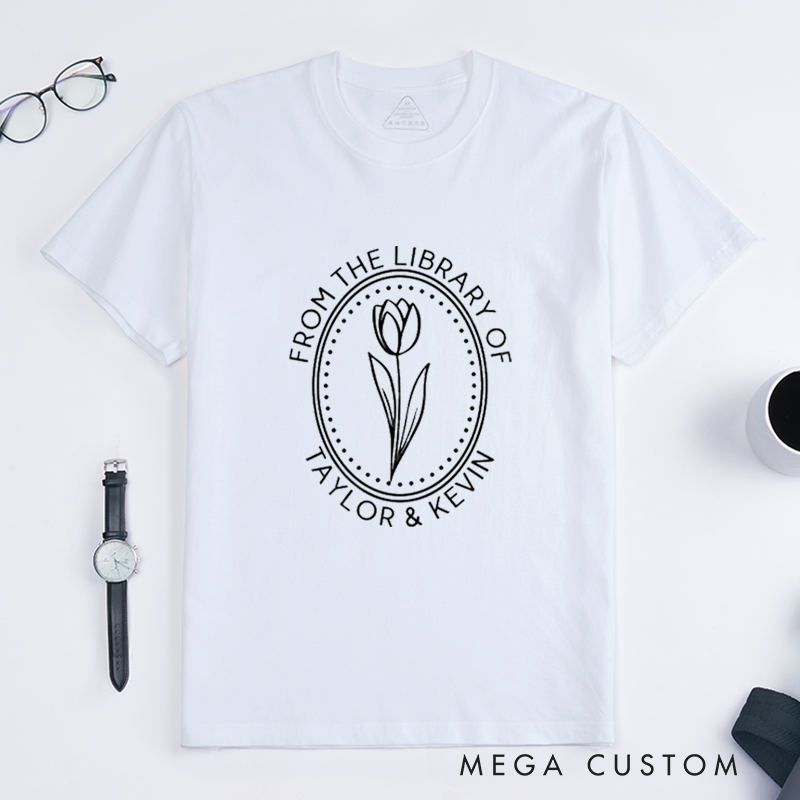 Personalized Library Book Stamp Classic T-Shirts Custom Name Floral Gift for Book Lovers Unique Present for Readers Literature Fans